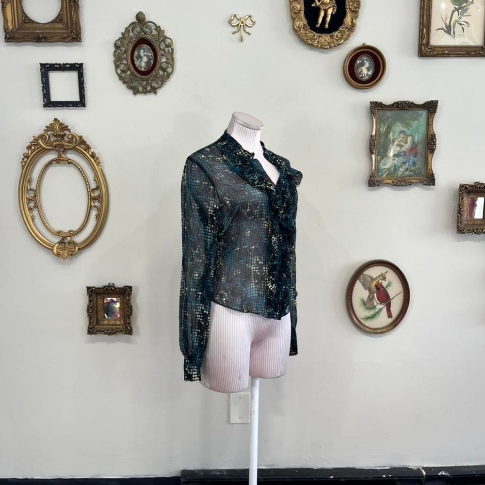 vintage Diane von Furstenberg Silk Button-Up Blouse Teal & Black Abstract Print - Picture 2 of 6